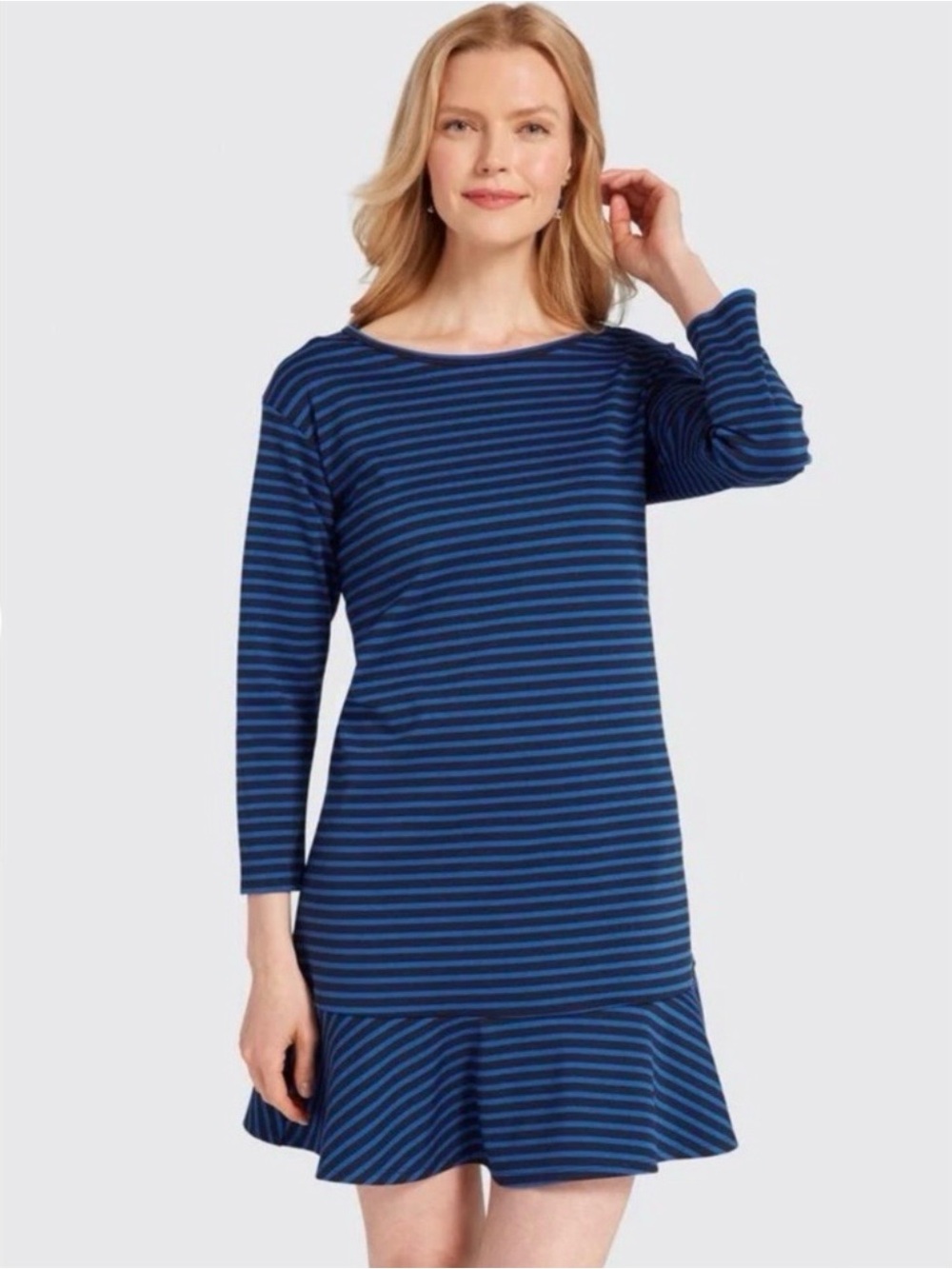 Draper James Blue and Black‎ Striped Tulip Hem Long Sleeve Dress Sz. Medium